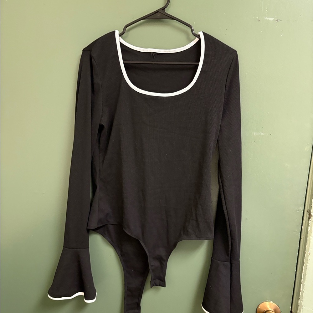 Black Long Sleeve Women's Top with White Trim